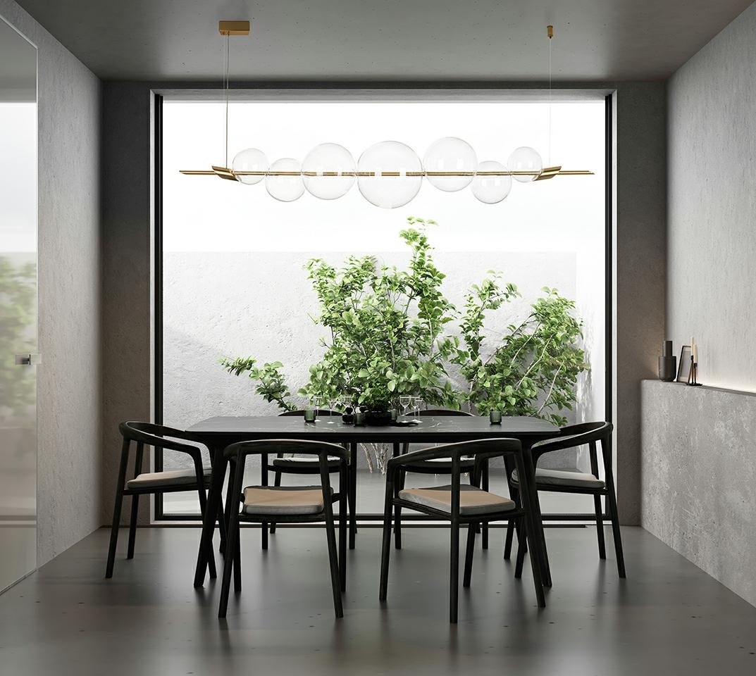 Dark dining room interior background with big window, 3d render